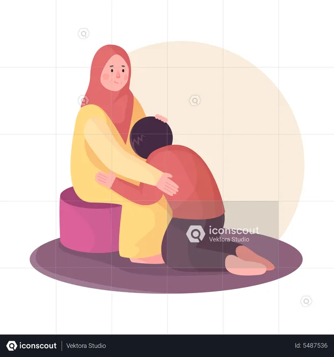 Muslim boy asking forgiveness from his mother  Illustration