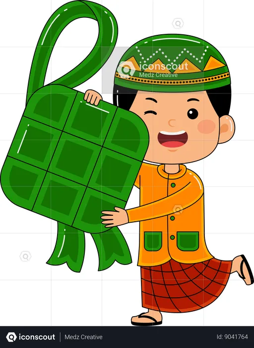 Muslim boy bring ketupat  Illustration