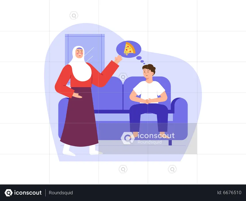 Muslim boy craving for pizza at home  Illustration