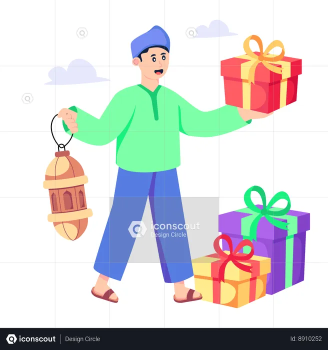 Muslim boy holding Eid Gifts  Illustration