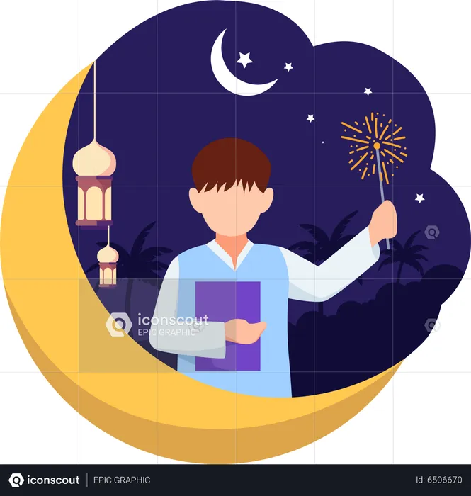 Muslim boy holding holy book and firecrackers  Illustration