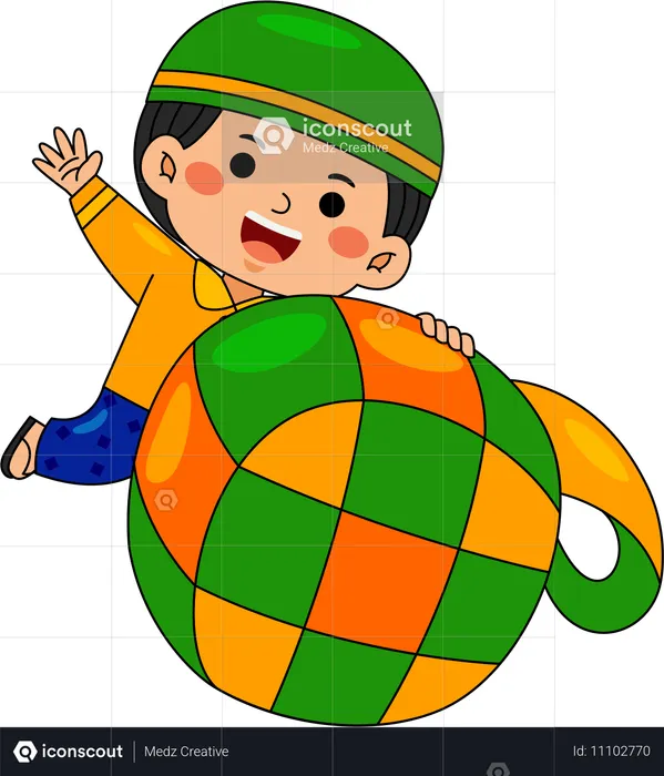 Muslim boy holding ketupat  Illustration