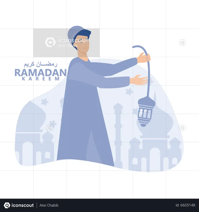 Muslim boy holding lantern with crescent moon  Illustration