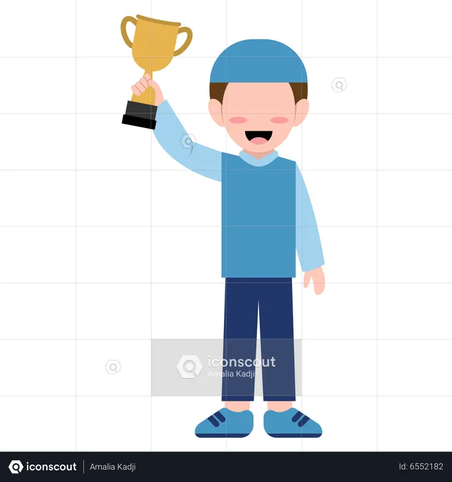 Muslim boy holding trophy cup  Illustration