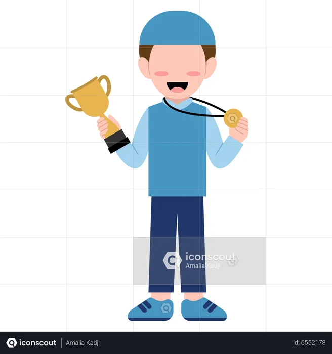 Muslim boy holding winning trophy  and medal  Illustration