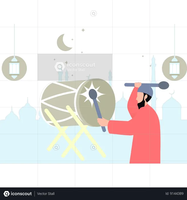 Muslim boy is beating a drum  Illustration