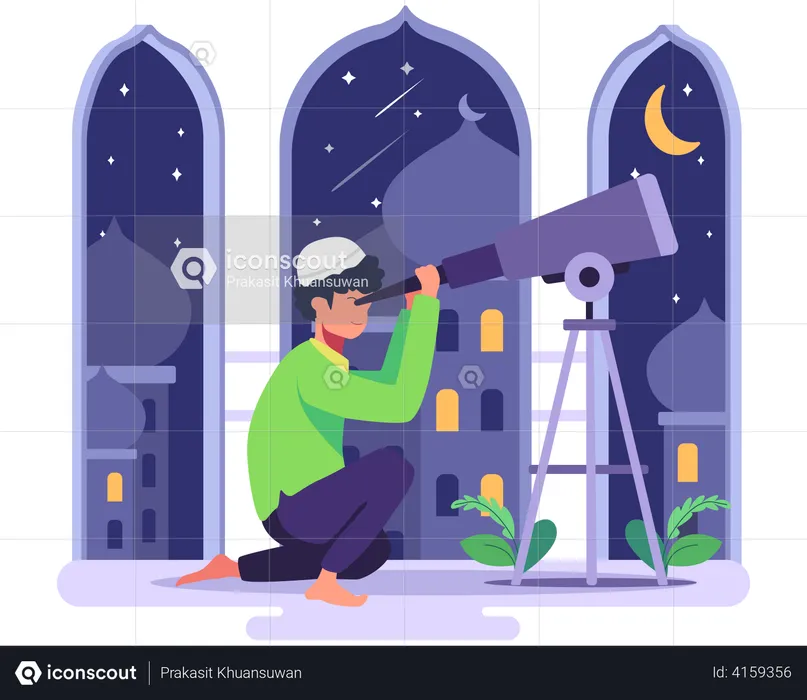 Muslim Boy looking at stars using telescope  Illustration