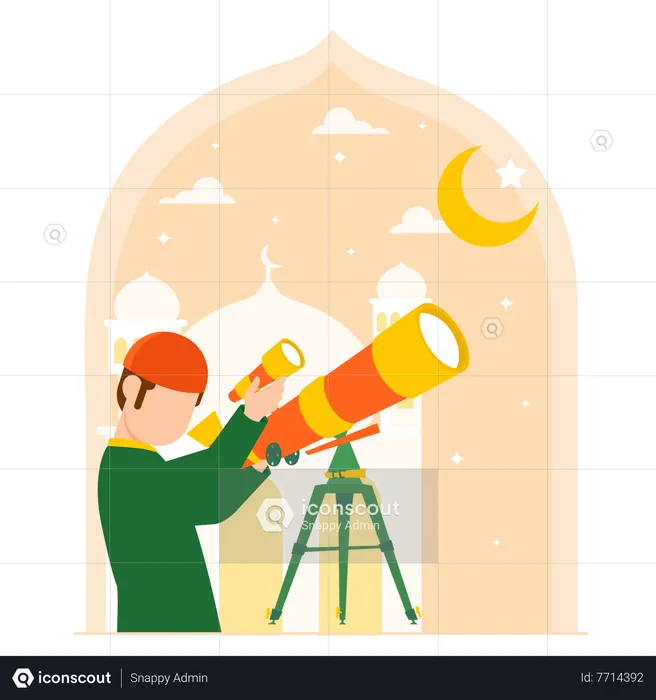 Muslim boy looking in telescope  Illustration