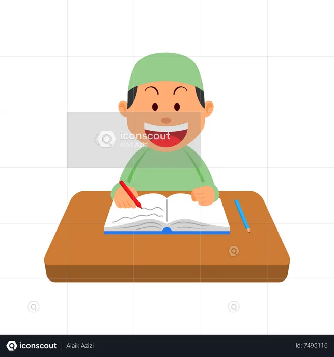 Muslim boy reading book and writing at the table  Illustration