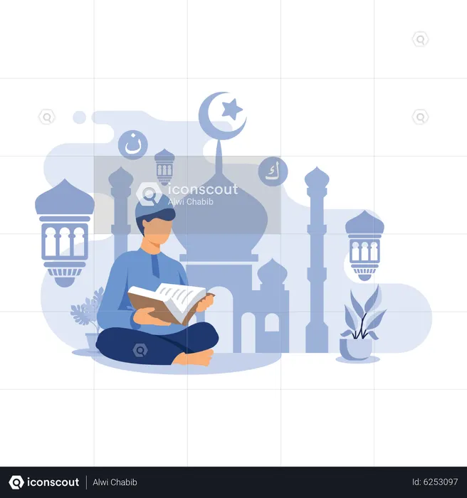 Muslim boy reading islamic holy book  Illustration