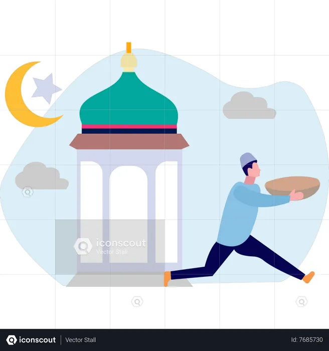 Muslim boy running with bowl  Illustration