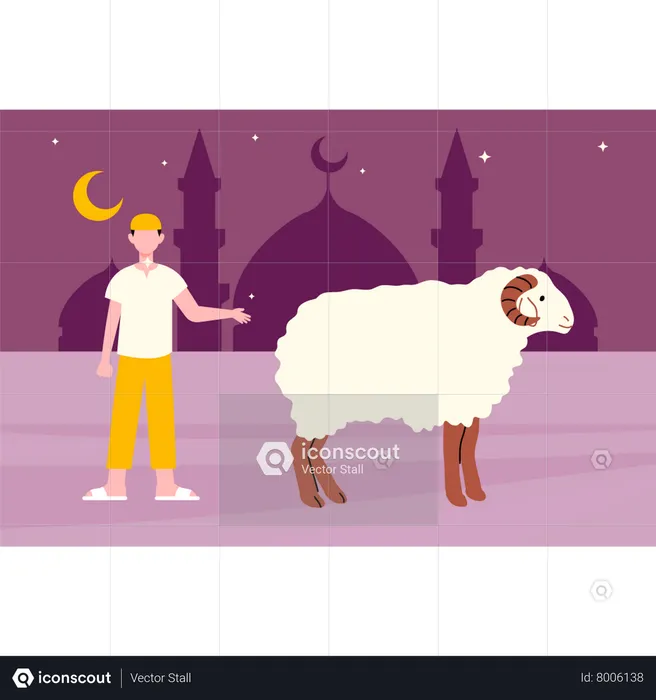 Muslim boy showing sheep  Illustration