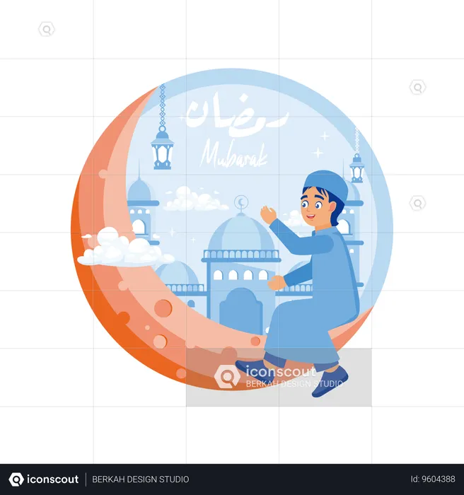 Muslim boy sitting on the crescent moon  Illustration