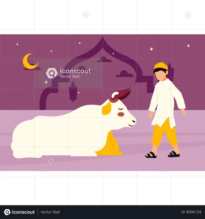 Muslim boy standing next to cow  Illustration