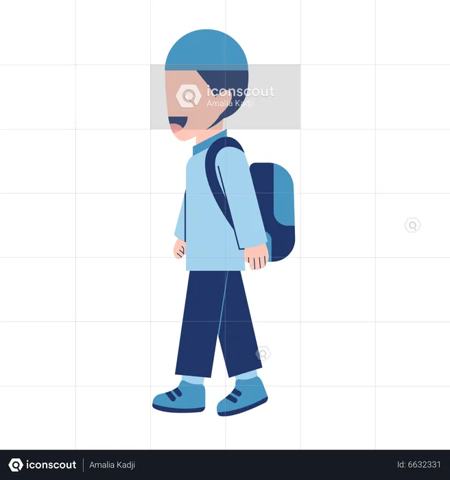 Muslim Boy Student With Schoolbag Walking  Illustration