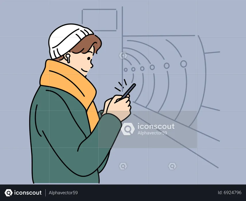Muslim boy use mobile at metro station  Illustration