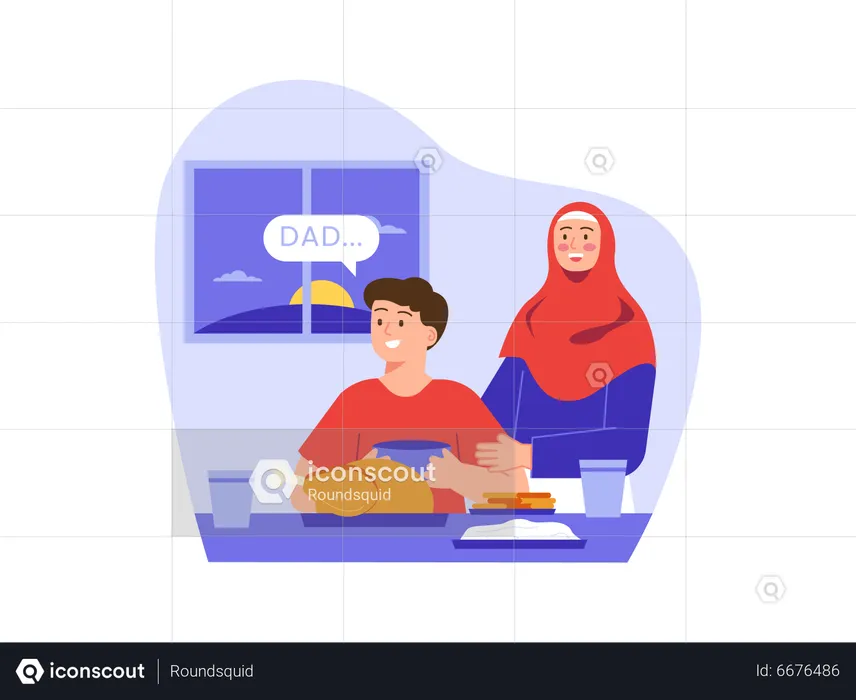 Muslim boy waiting for Dad before eating meal  Illustration