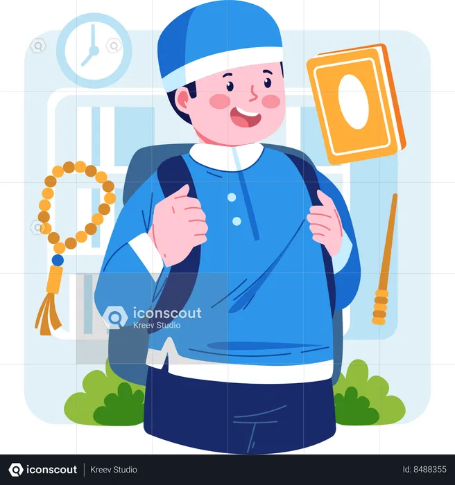 Muslim boy wearing bag and going school  Illustration