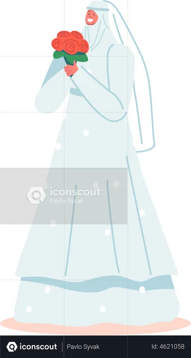 Muslim Bride Female Holding Red Roses Bouquet during Wedding  Illustration