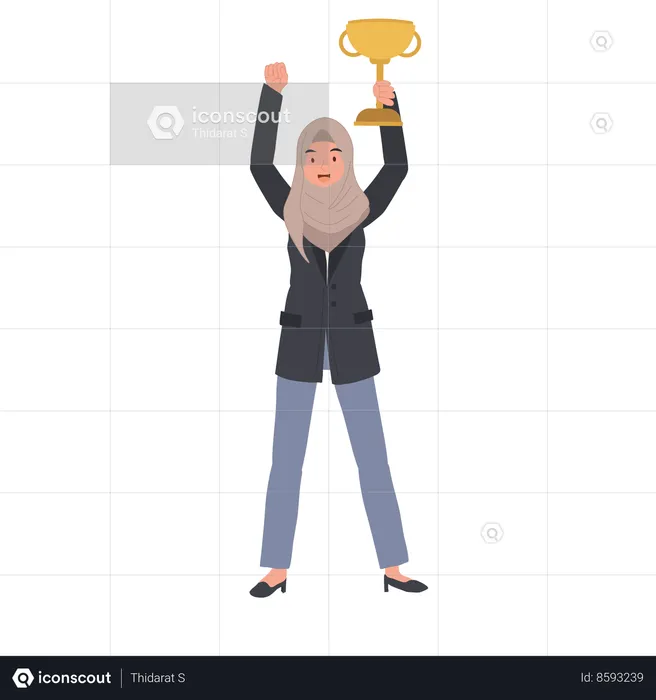 Muslim Businesswoman Celebrating Success with Trophy in Hand  Illustration