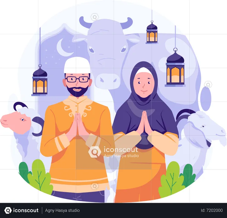Muslim Couple celebrates Eid Al Adha with a Cow, Goat, and Sheep  Illustration