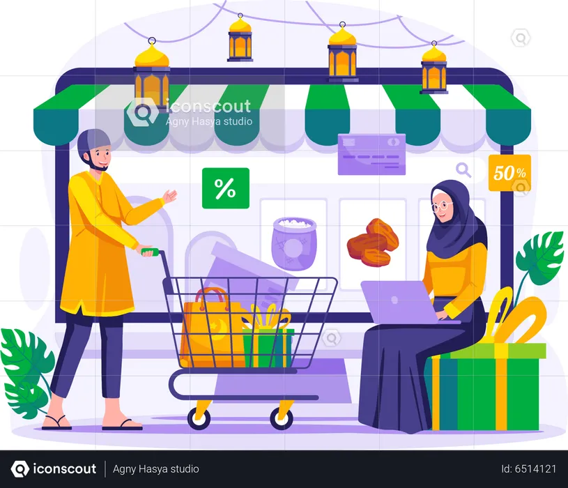 Muslim couple doing online shopping  Illustration