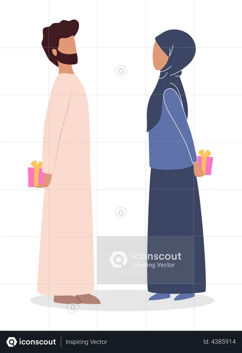 Muslim couple giving gift to each other  Illustration
