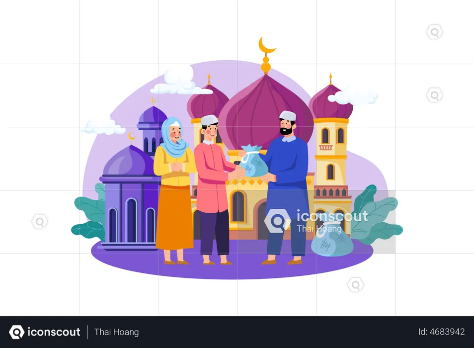 Muslim couple giving zakat  Illustration