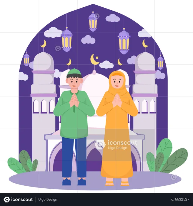 Muslim couple greeting for Ramadan  Illustration