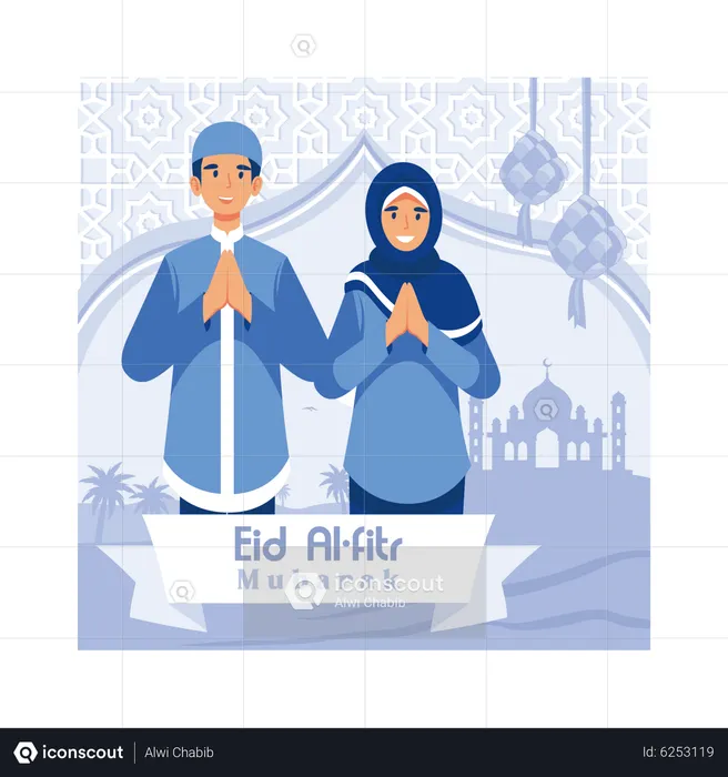Muslim couple greeting on eid  Illustration