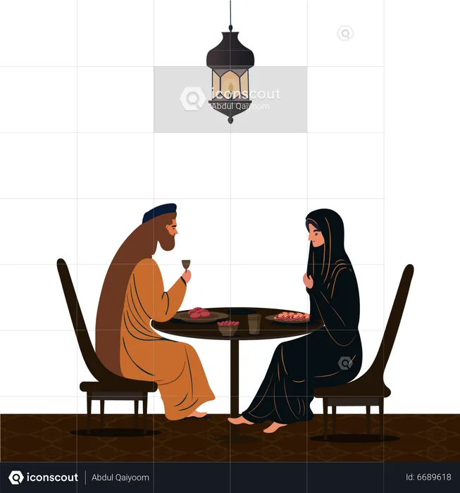 Muslim Couple Having Delicious Meals  Illustration