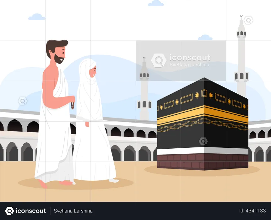 Muslim couple is doing Islamic hajj pilgrimage  Illustration