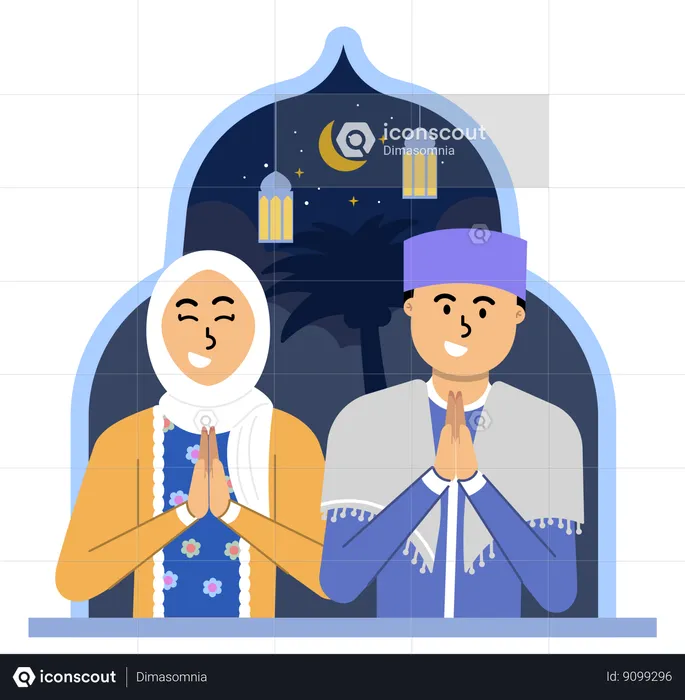 Muslim Couple Joyful Put Hands Together in Celebration of Eid al-Fitr  Illustration