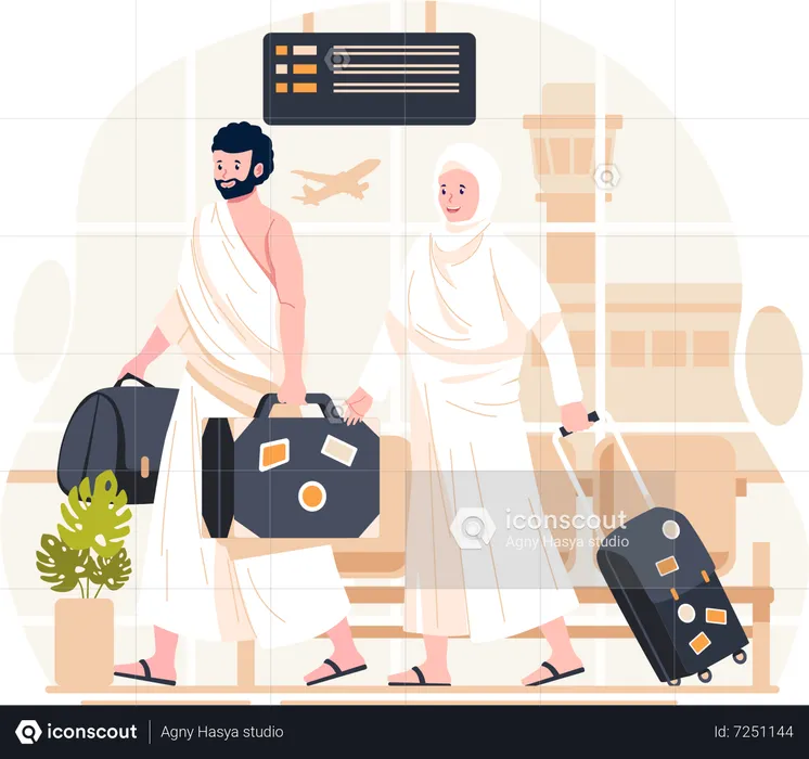 Muslim Couple of pilgrims wearing ihram clothes with a suitcase just arrived  Illustration