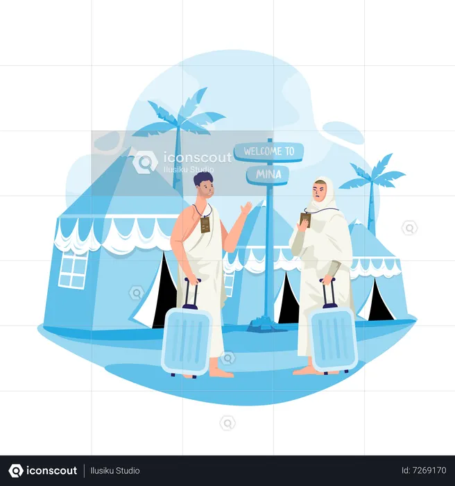 Muslim Couple of pilgrims wearing ihram clothes with a suitcase just arrived  Illustration