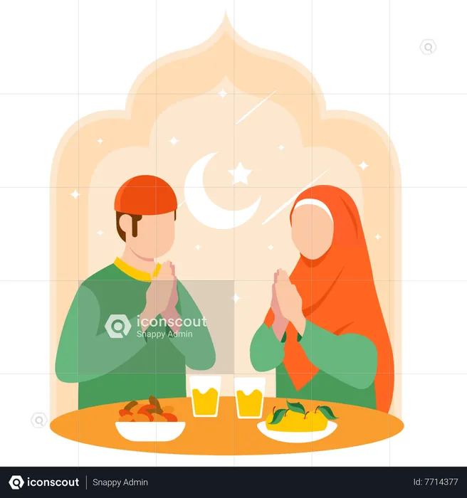 Muslim couple paying on Iftar Time  Illustration