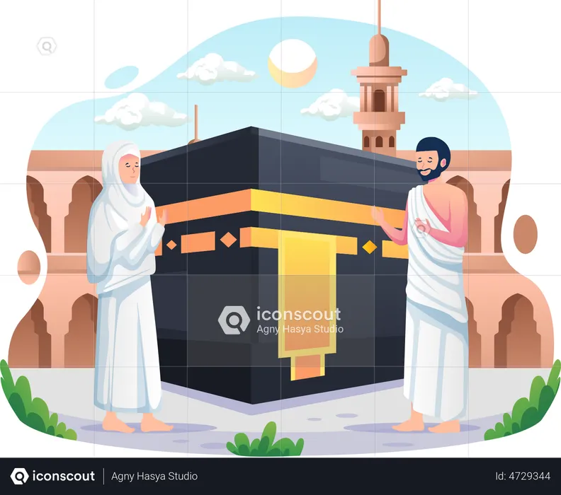 Muslim couple performs Islamic Hajj Pilgrimage  Illustration