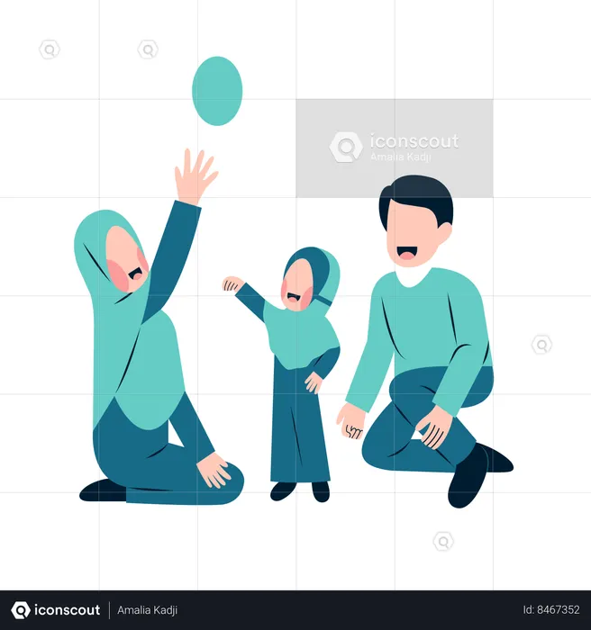 Muslim Couple Playing With Kid  Illustration
