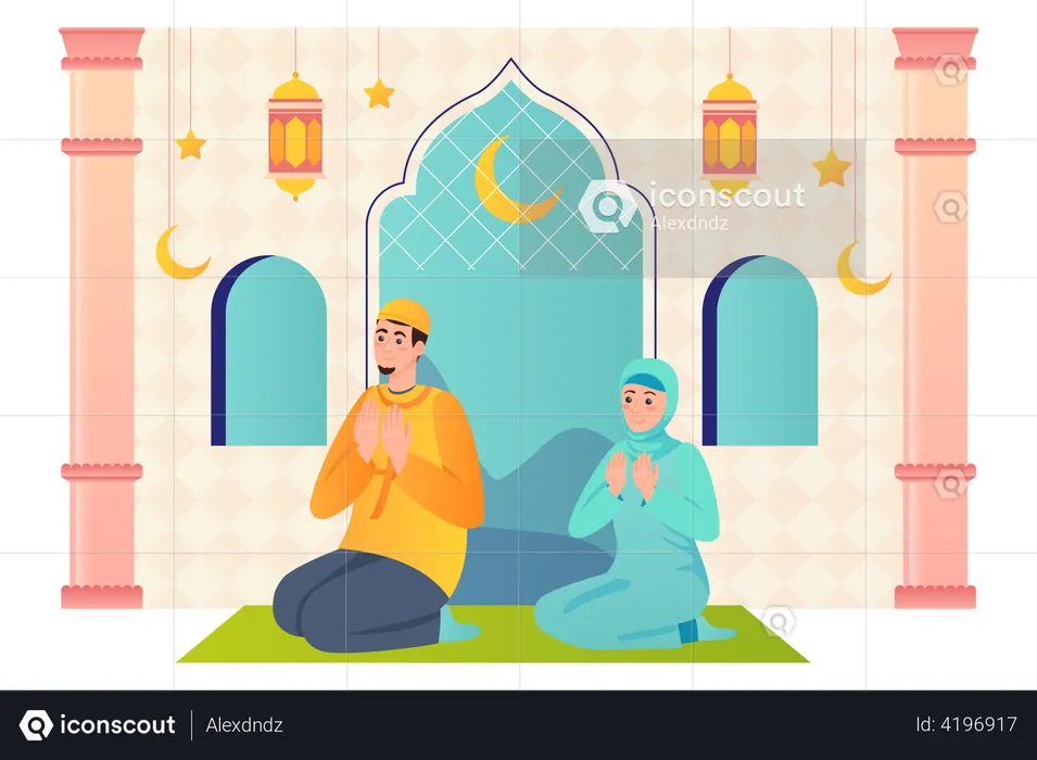 Muslim couple praying at a mosque  Illustration