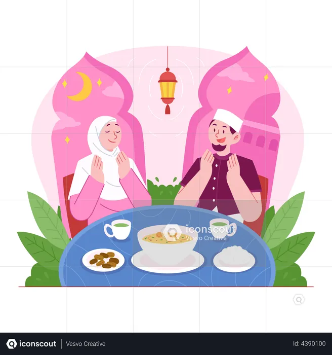 Muslim couple praying before having iftar  Illustration