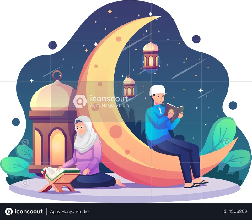 Muslim couple praying during Ramadan Kareem  Illustration