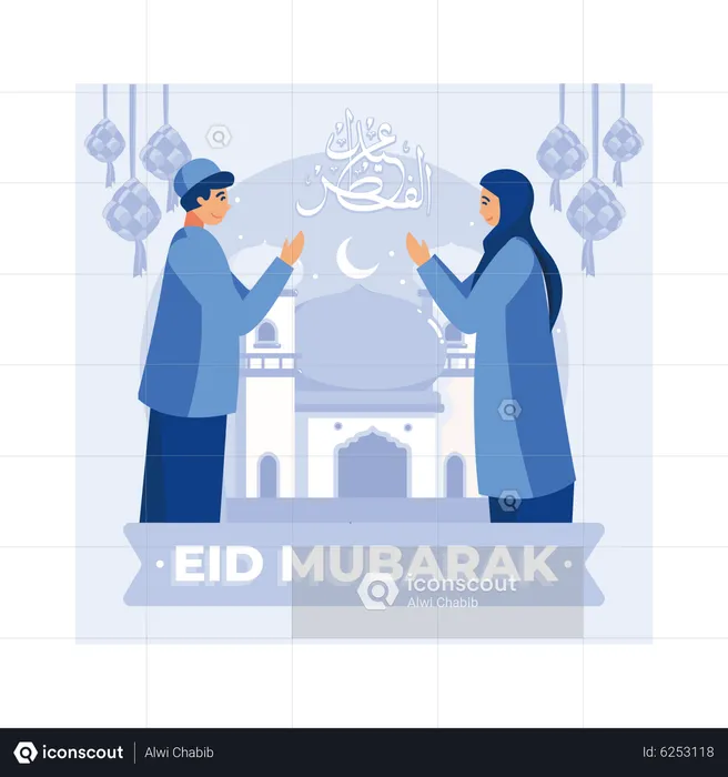Muslim couple praying on Eid  Illustration