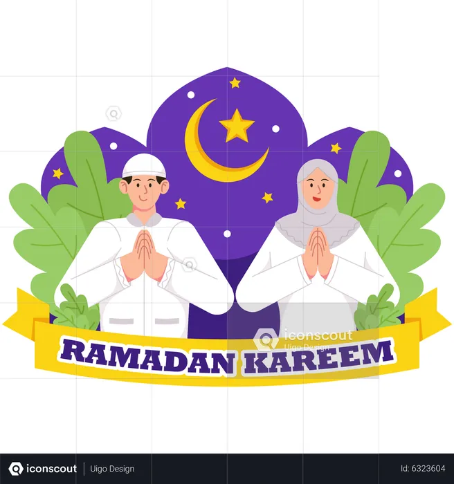 Muslim couple praying on Ramadan Kareem  Illustration