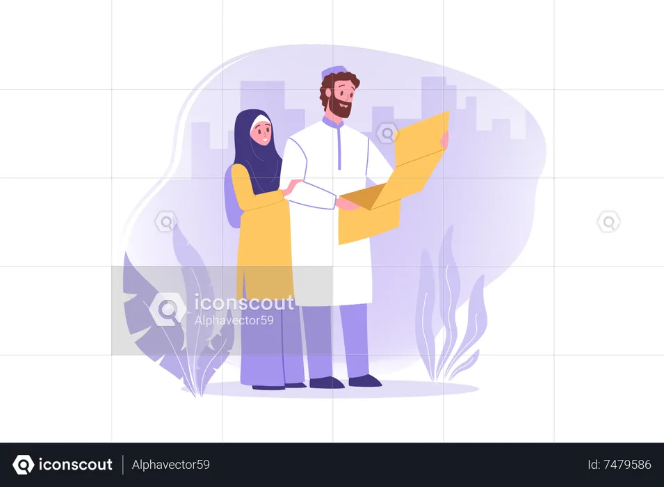 Muslim couple reading letter  Illustration