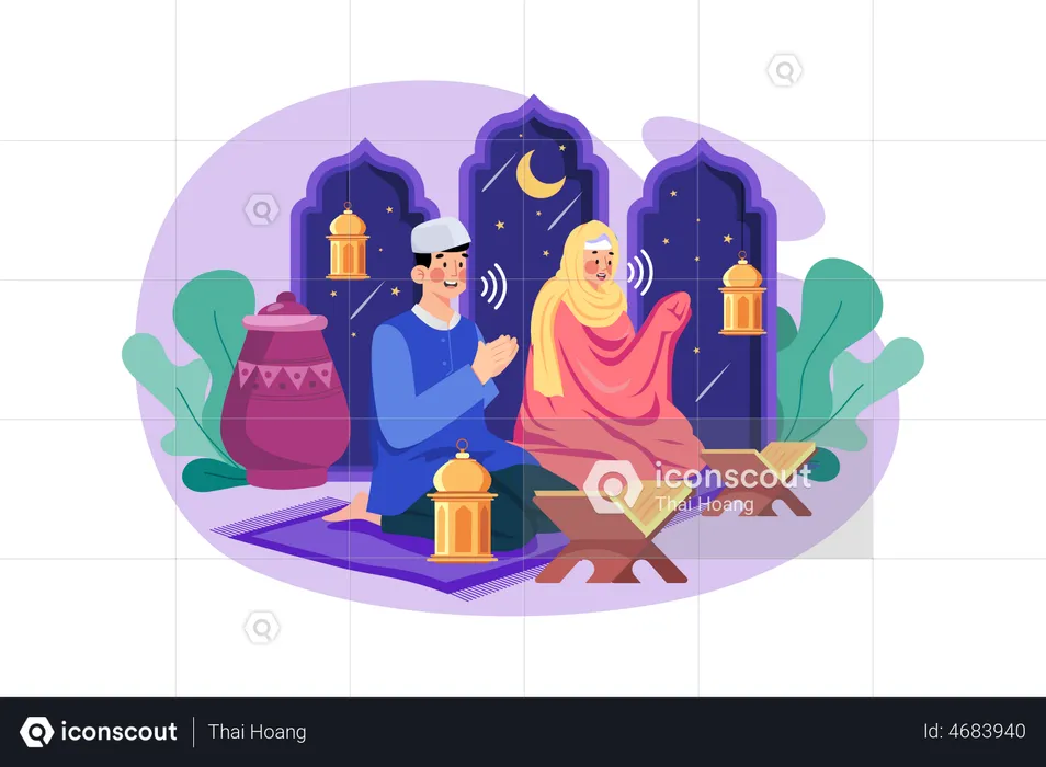 Muslim couple reading Quran during Ramadan Kareem  Illustration