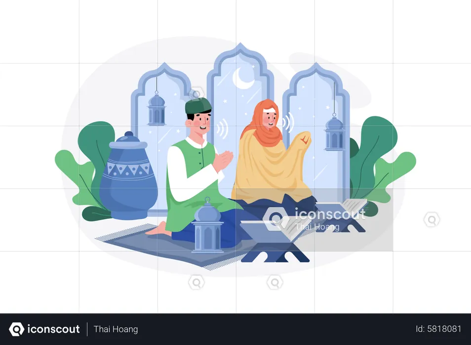 Muslim couple reading Quran during Ramadan Kareem  Illustration