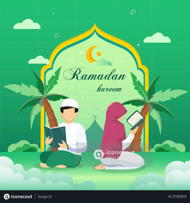 Muslim couple reading the Quran during Ramadan Kareem holy Month  Illustration