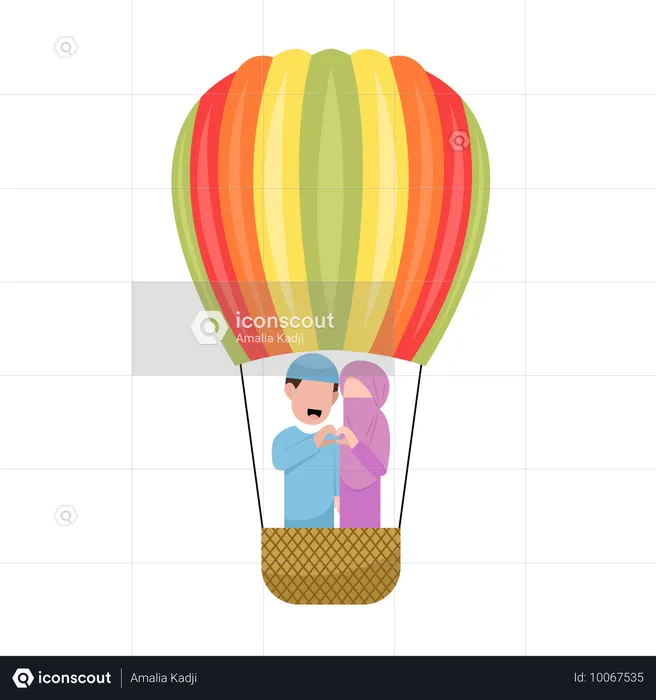 Muslim couple Riding Hot Air Balloon  Illustration