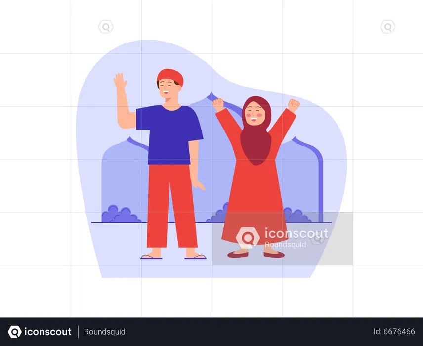 Muslim couple saying goodbye to guest  Illustration