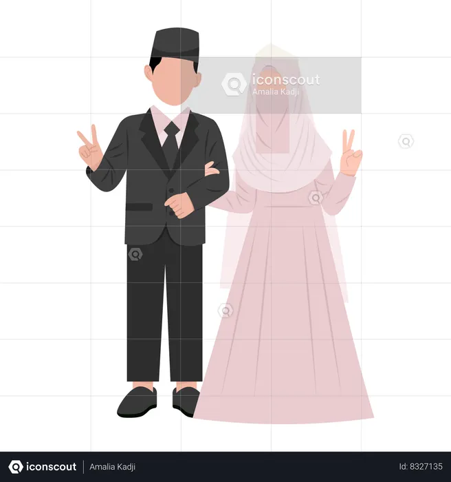 Muslim couple showing victory hands  Illustration